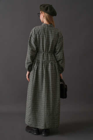 Düşük Kol Ekose Desenli Elbise Haki - 14