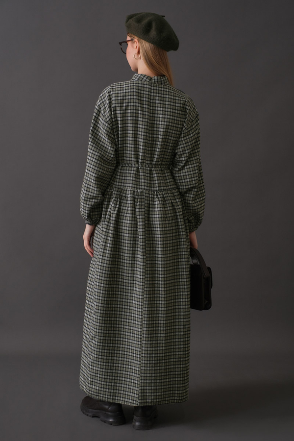 Düşük Kol Ekose Desenli Elbise Haki - 14