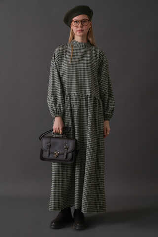 Düşük Kol Ekose Desenli Elbise Haki - 2