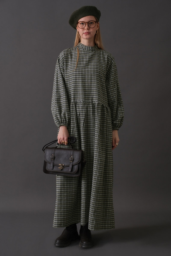 Düşük Kol Ekose Desenli Elbise Haki - 2