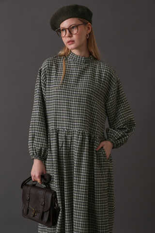 Düşük Kol Ekose Desenli Elbise Haki - 3