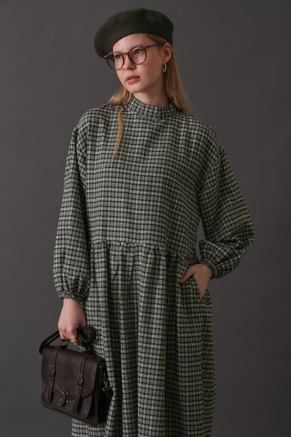 Düşük Kol Ekose Desenli Elbise Haki - 3