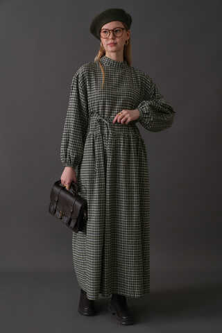 Düşük Kol Ekose Desenli Elbise Haki - 4