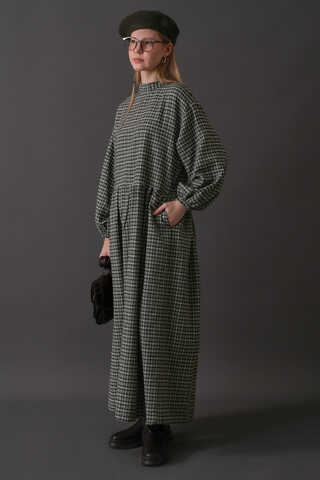 Düşük Kol Ekose Desenli Elbise Haki - 6