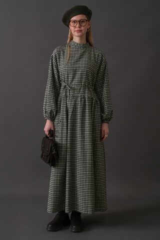 Düşük Kol Ekose Desenli Elbise Haki - 8