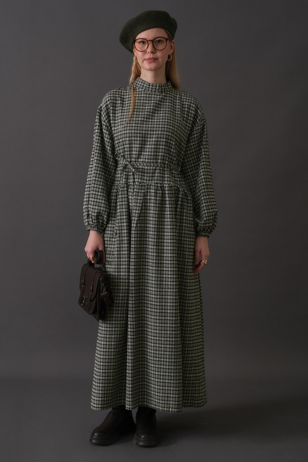 Düşük Kol Ekose Desenli Elbise Haki - 8