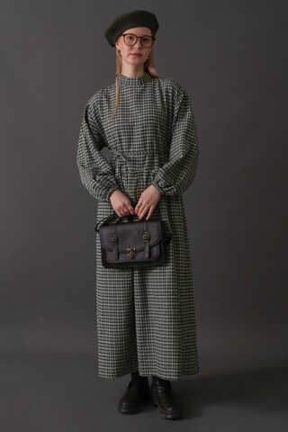 Düşük Kol Ekose Desenli Elbise Haki - 9