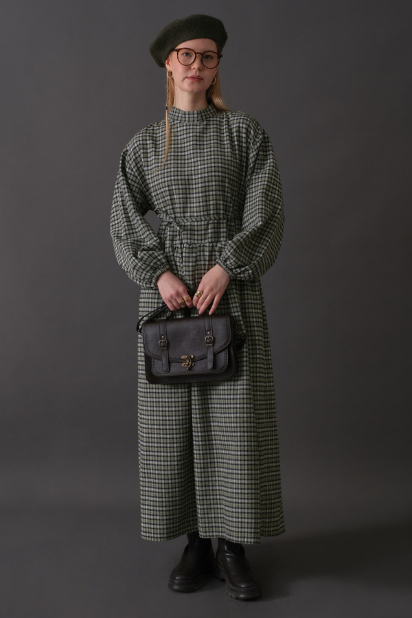 Düşük Kol Ekose Desenli Elbise Haki - 9