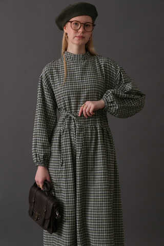 Düşük Kol Ekose Desenli Elbise Haki - 10