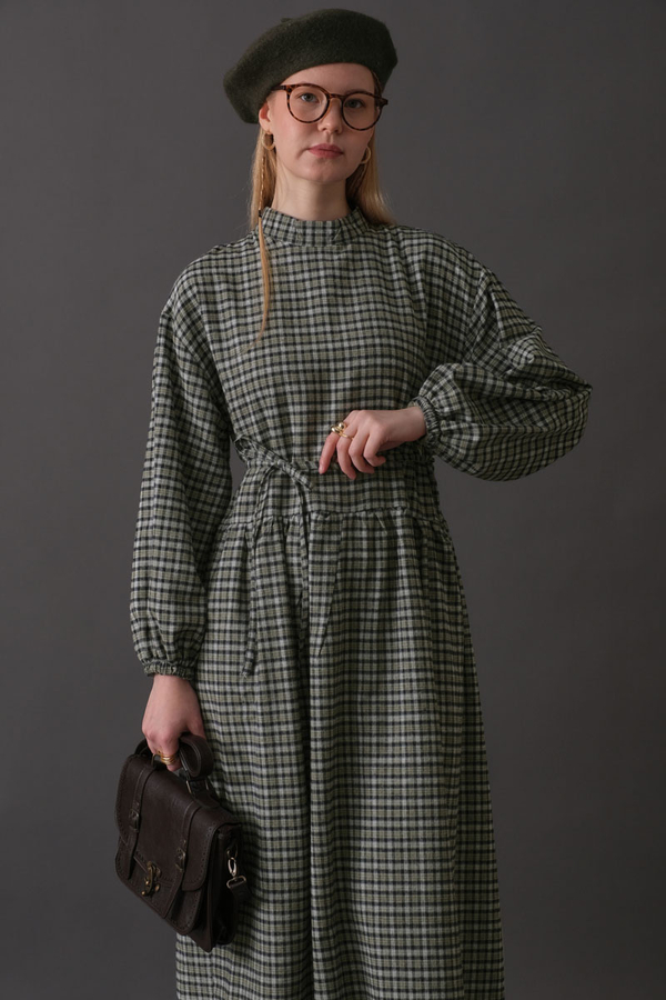 Düşük Kol Ekose Desenli Elbise Haki - 10