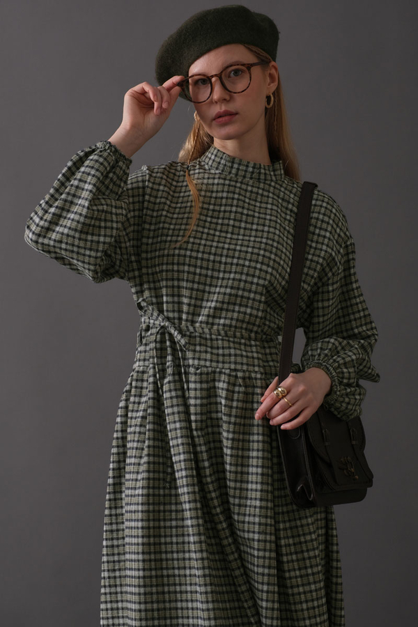 Düşük Kol Ekose Desenli Elbise Haki - 11