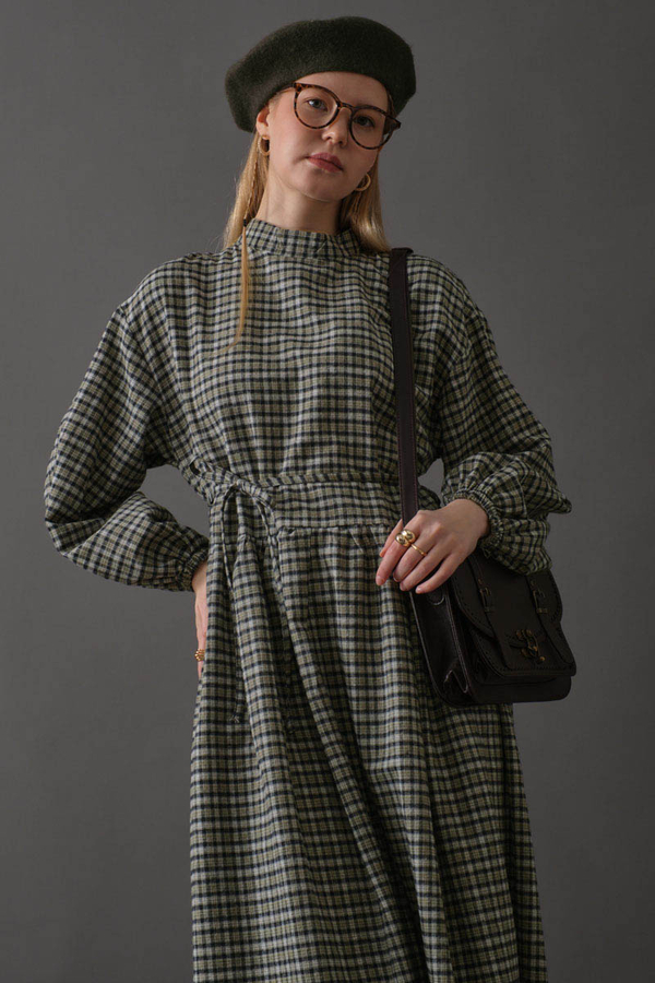 Düşük Kol Ekose Desenli Elbise Haki - 12