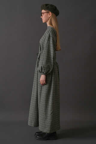 Düşük Kol Ekose Desenli Elbise Haki - 13