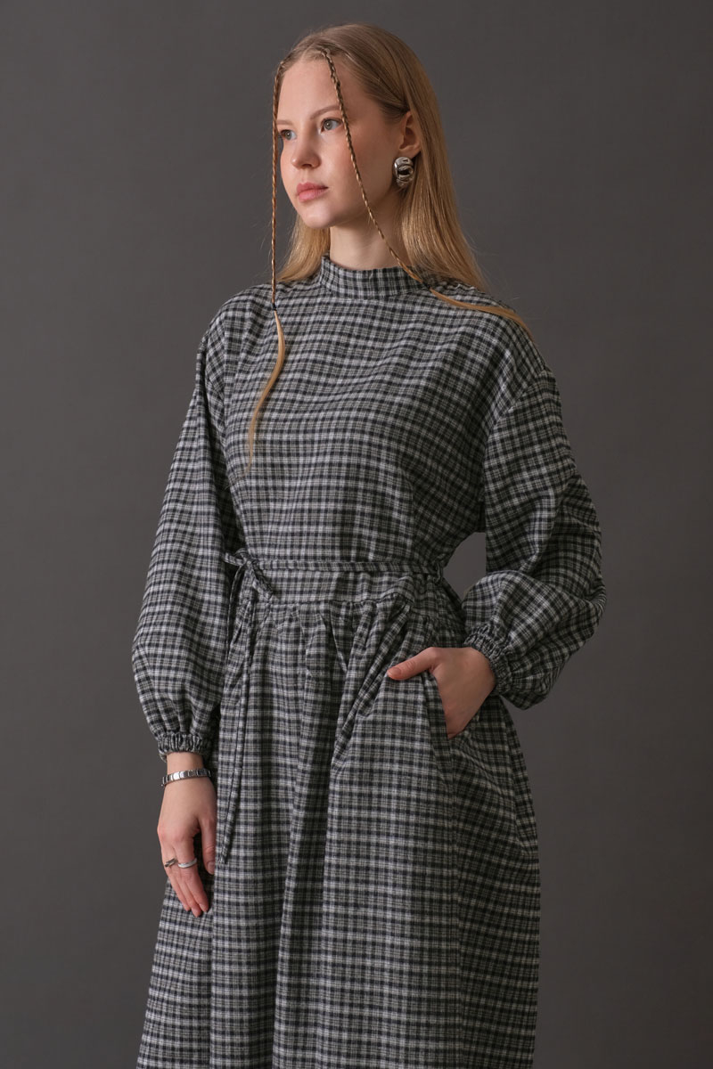 Dropped Shoulder Plaid Dress Navy
