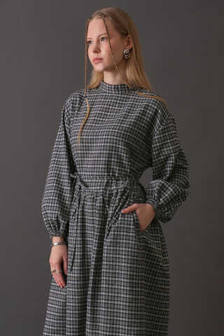 Dropped Shoulder Plaid Dress Navy - 1