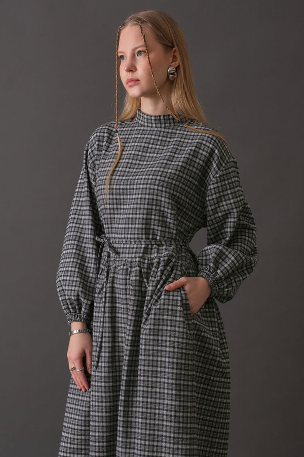 Dropped Shoulder Plaid Dress Navy 