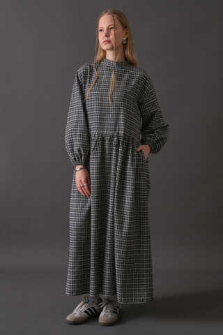 Dropped Shoulder Plaid Dress Navy - 4