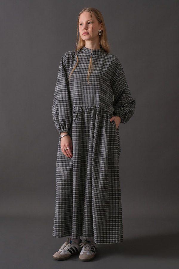 Dropped Shoulder Plaid Dress Navy - 4