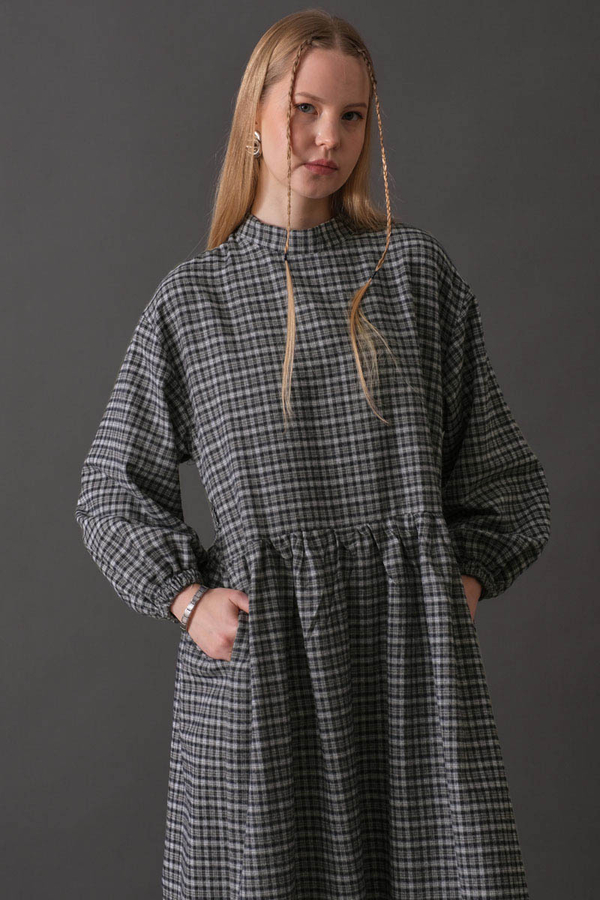 Dropped Shoulder Plaid Dress Navy - 5