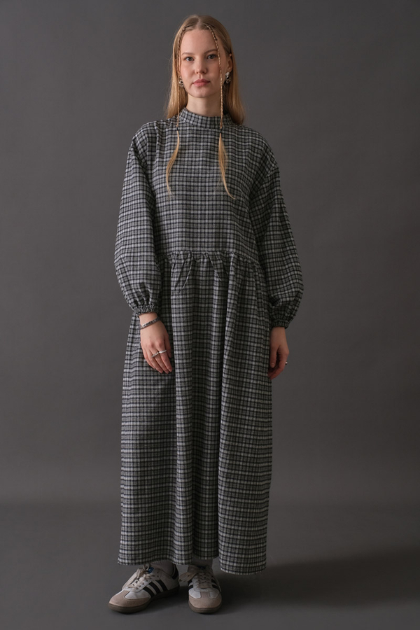 Dropped Shoulder Plaid Dress Navy - 6