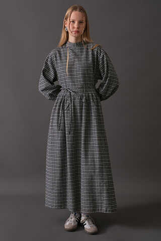 Dropped Shoulder Plaid Dress Navy - 8