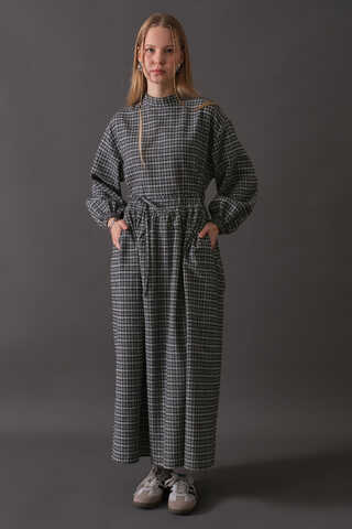 Dropped Shoulder Plaid Dress Navy - 9