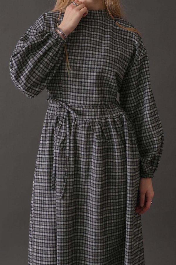 Dropped Shoulder Plaid Dress Navy - 11