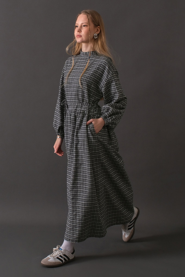 Dropped Shoulder Plaid Dress Navy - 13