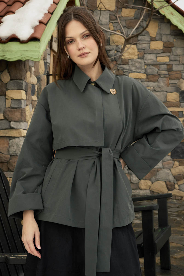 Dropped Sleeve Double-Breasted Trench Coat Anthracite - 1