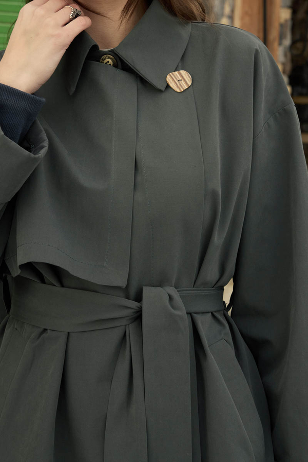 Dropped Sleeve Double-Breasted Trench Coat Anthracite - 3