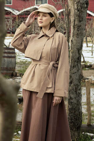 Dropped Sleeve Double-Breasted Trench Coat Beige - 1