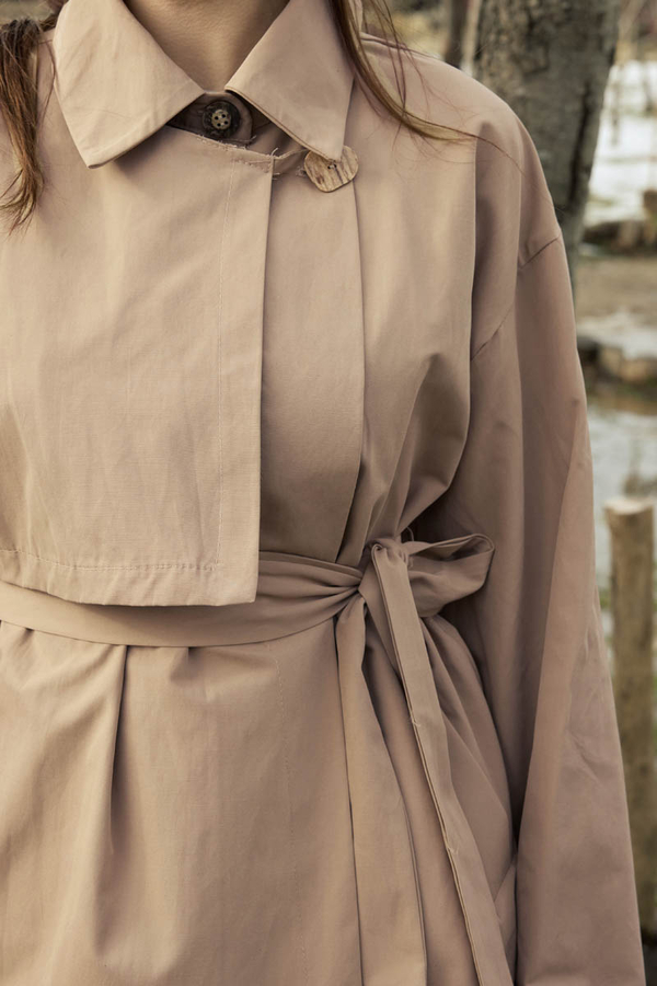 Dropped Sleeve Double-Breasted Trench Coat Beige - 2