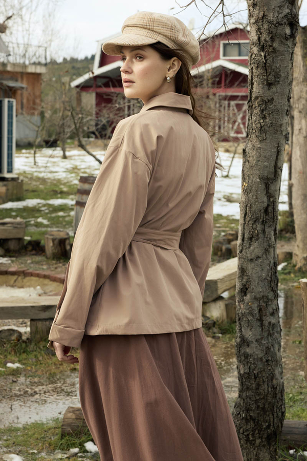 Dropped Sleeve Double-Breasted Trench Coat Beige - 5