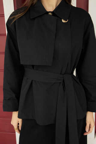 Dropped Sleeve Double-Breasted Trench Coat Black - 4