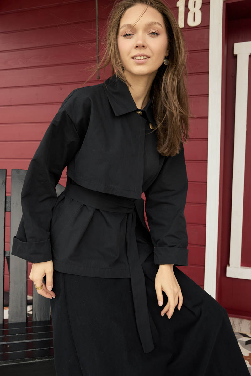 Dropped Sleeve Double-Breasted Trench Coat Black