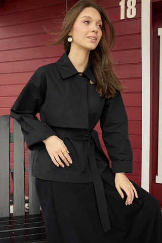Dropped Sleeve Double-Breasted Trench Coat Black - 2