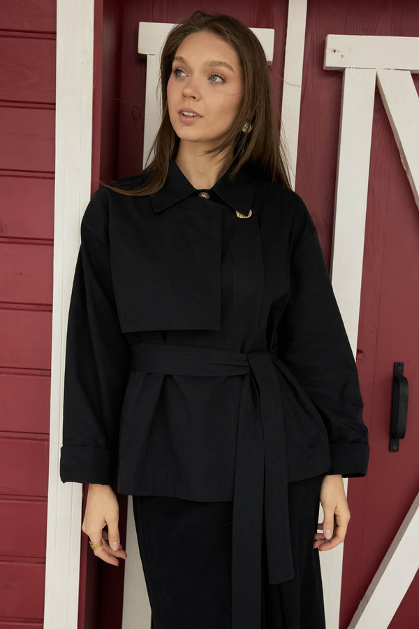 Dropped Sleeve Double-Breasted Trench Coat Black (1)