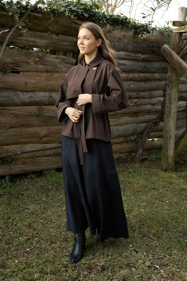 Dropped Sleeve Double-Breasted Trench Coat Brown - 2