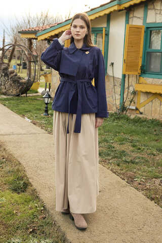 Dropped Sleeve Double-Breasted Trench Coat Navy - 2