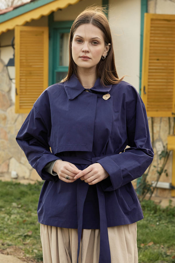 Dropped Sleeve Double-Breasted Trench Coat Navy - 3