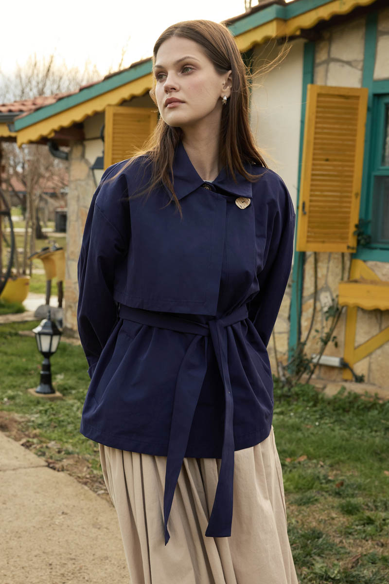 Dropped Sleeve Double-Breasted Trench Coat Navy