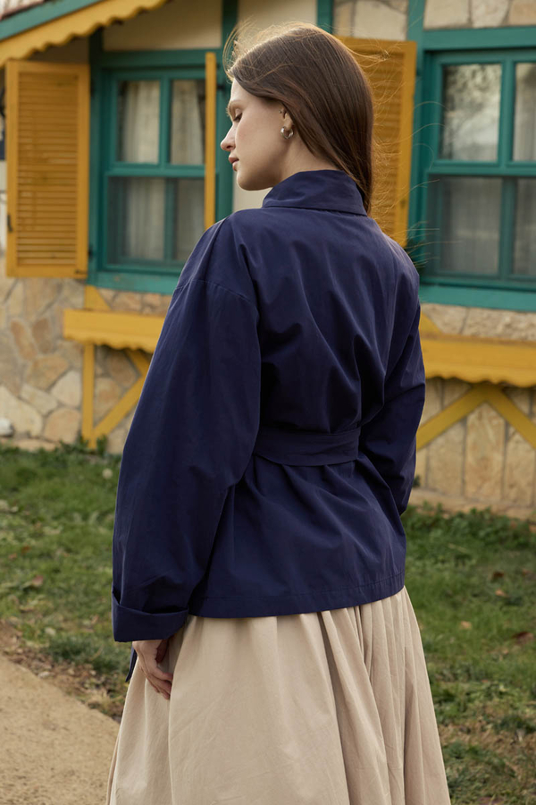 Dropped Sleeve Double-Breasted Trench Coat Navy - 5