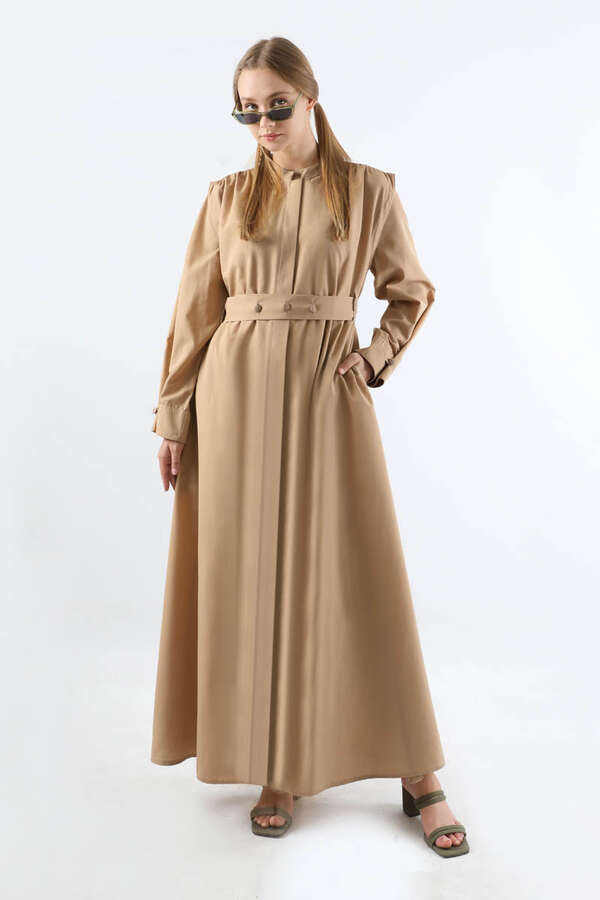 Düğme Detaylı Gömlek Elbise Vizon - 1