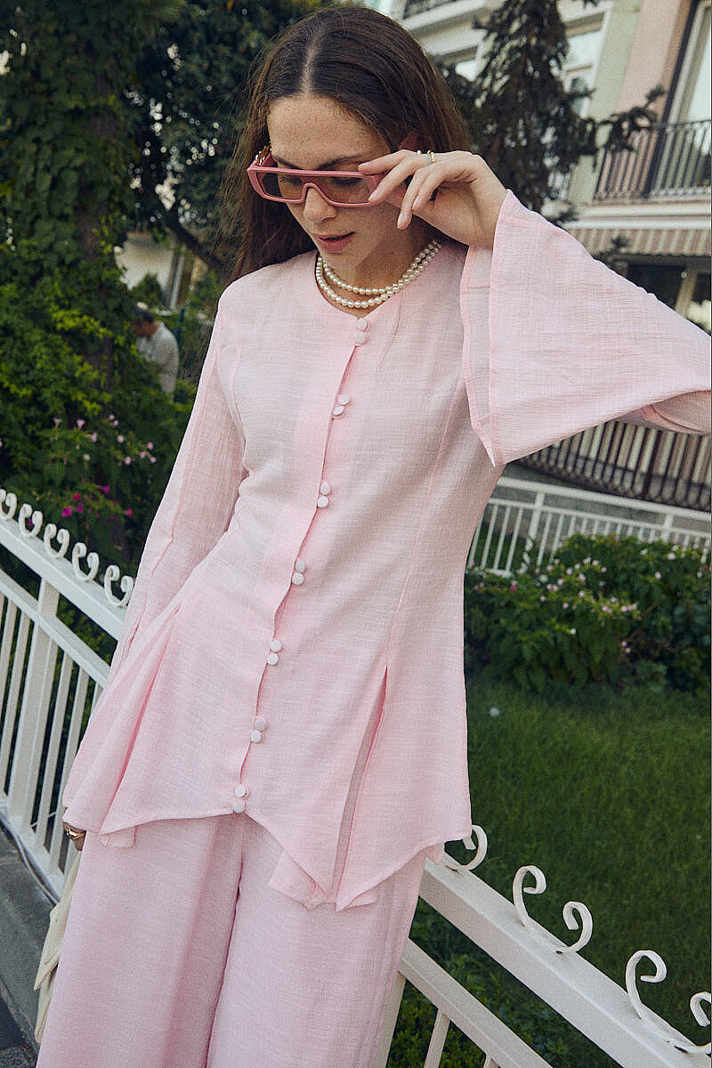 Düğme Detaylı İkili Takım Toz Pembe - 5