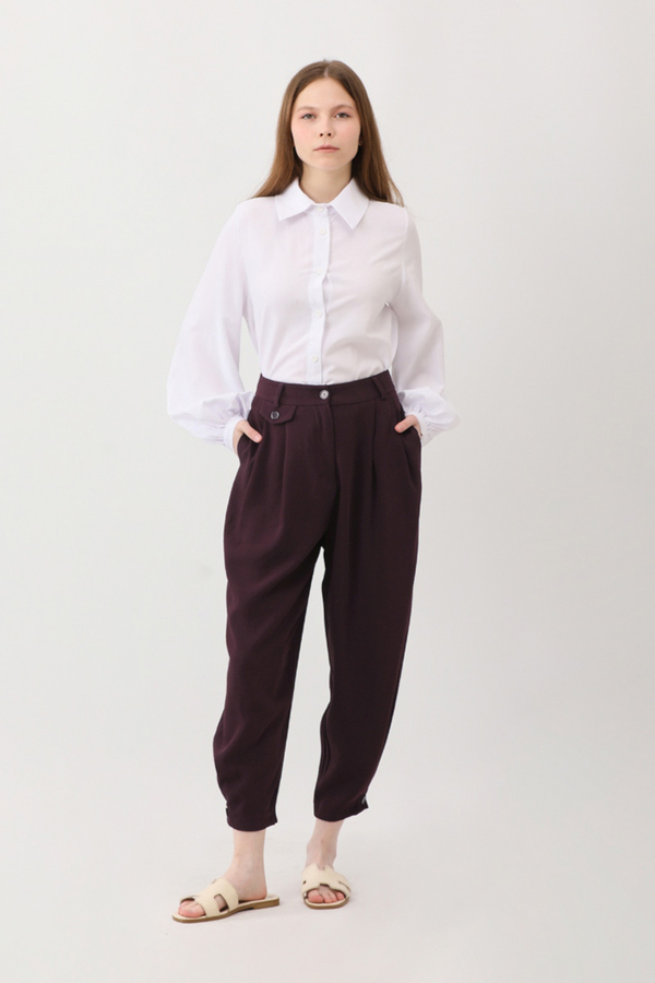 Düğme Detaylı Pantolon Mürdüm - 6