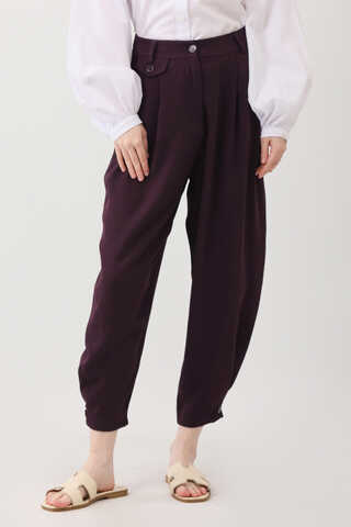 Düğme Detaylı Pantolon Mürdüm - 12