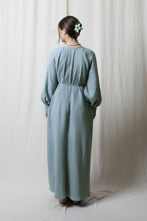 Düğme Yaka Müslin Elbise Bebe Mavisi - 7