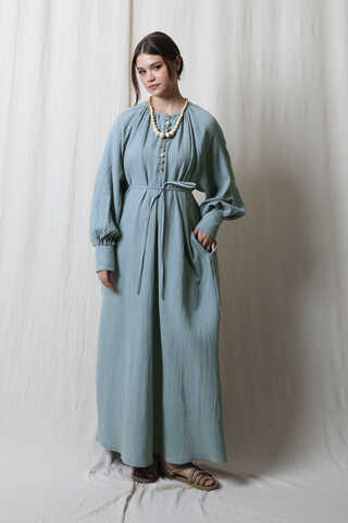 Düğme Yaka Müslin Elbise Bebe Mavisi - 4