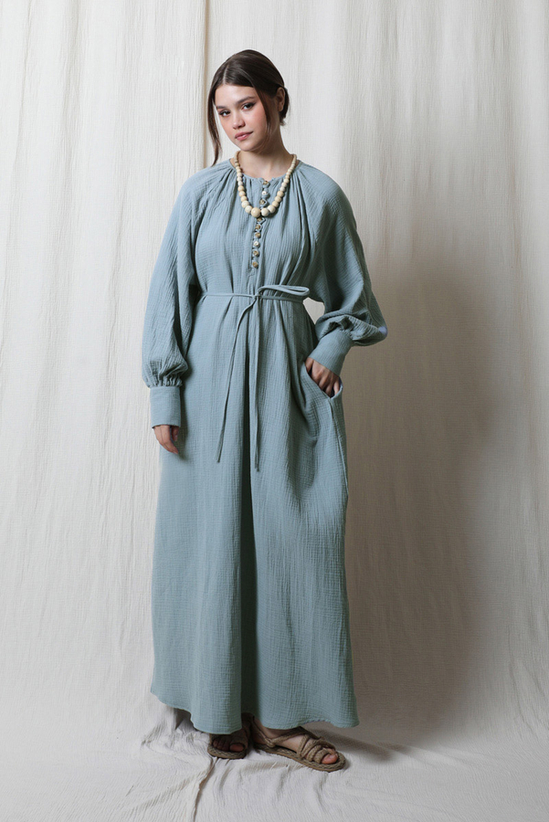 Düğme Yaka Müslin Elbise Bebe Mavisi - 4