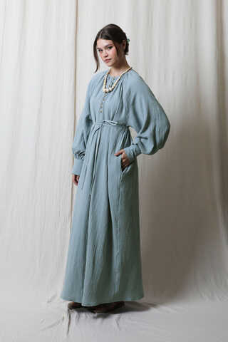 Düğme Yaka Müslin Elbise Bebe Mavisi - 6